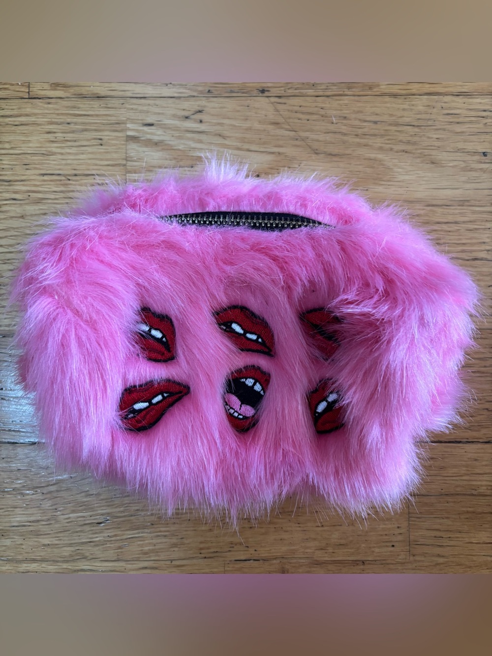 SkinnyDip Pink Faux Fur Embroidered Lips Kidcore Maximalism Cosmetic Makeup Bag